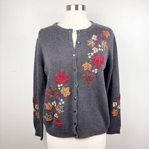 Vintage Tiara International Embroidered Fall Cardigan Sweater Leaves